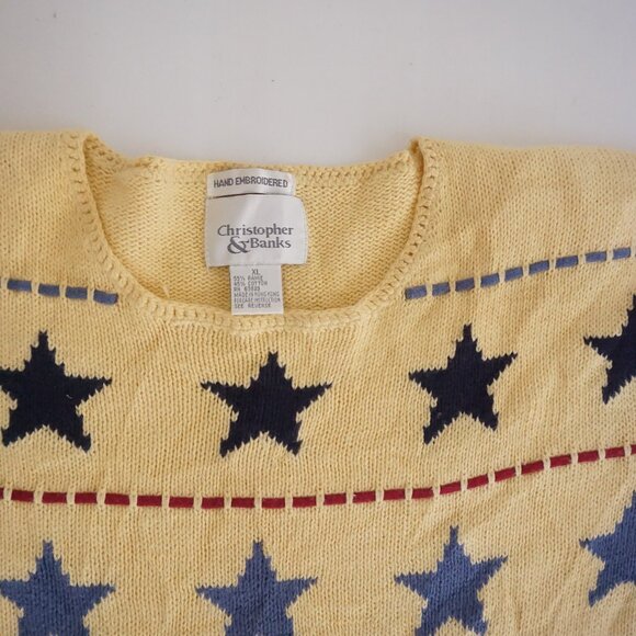 Vintage Christopher & Banks Yellow Star Cotton Knit Sweater Cottagecore Boho XL - Picture 7 of 8